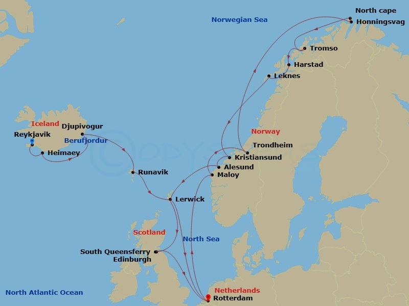 HAL Rotterdam - 21 Night - Northern Fjords & Arctic Circle Collectors' Voyage - HAL Rotterdam - Starting in Reykjavik, Iceland, Heimaey, Westman Islands, Iceland, Djupivogur,.. itinerary map