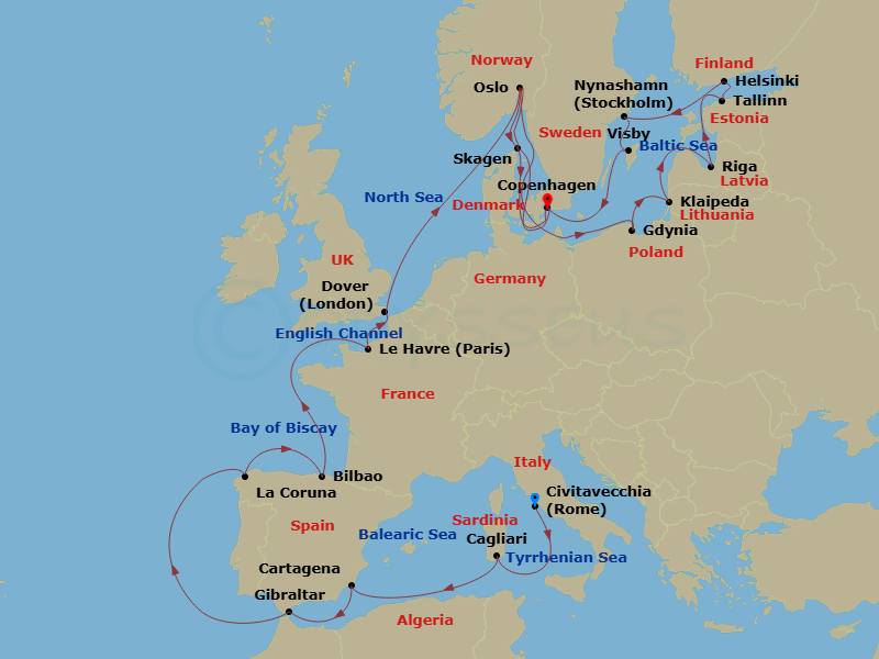 Sapphire Princess - 26 Night - Grand European Explorer - Sapphire Princess - Starting in Civitavecchia (for Rome), Italy, Sardinia (Cagliari), Italy, Cartagena ES, Gibraltar, La.. itinerary map