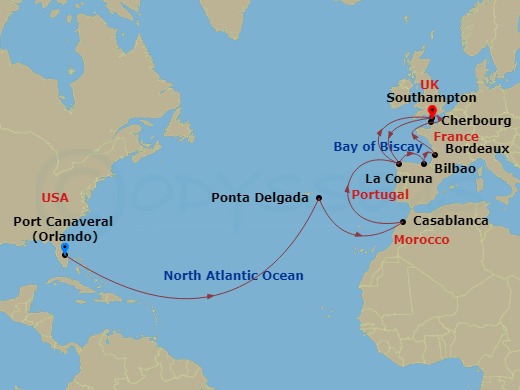 Sky Princess - 22 Night - Moroccan & Iberian Grand Adventure - Sky Princess - Starting in Port Canaveral (Orlando), Florida, Azores Islands (Ponta Delgada), Portugal, Casabl.. itinerary map