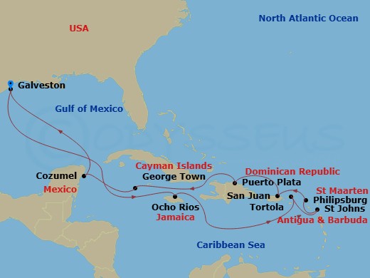 NCL Norwegian Viva - 14 Night - Caribbean - NCL Norwegian Viva - Starting in Galveston, Texas, Ocho Rios, Jamaica, Tortola, British Virgin Islands, St Johns AG, Antigua, Philipsbu.. itinerary map