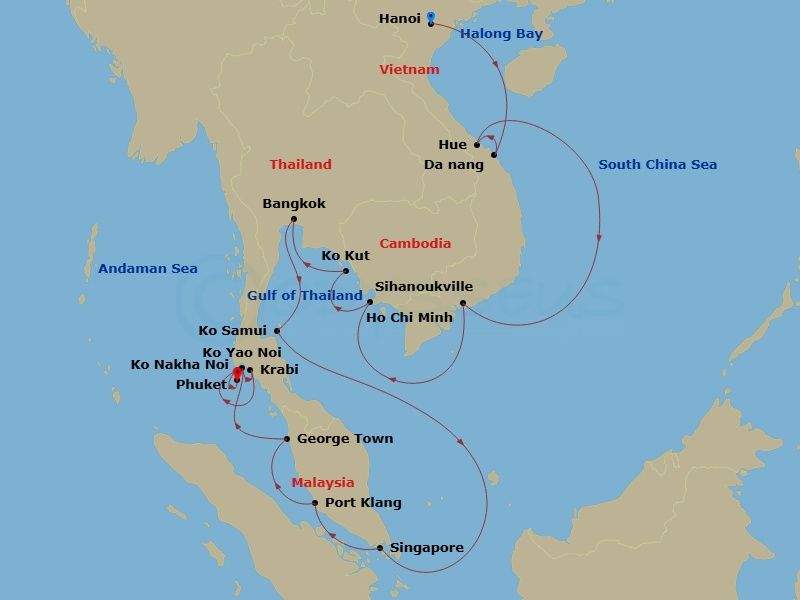 Star Seeker - 21 Night - Star Collector : Captivating Vietnam & Thailand - Star Seeker - Starting in Halong Bay (Hanoi), Cruising Halong Bay, Hoi An (Da Nang), Vietnam, Cha.. itinerary map
