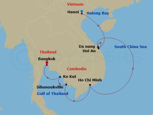 Star Seeker - 10 Night - Vietnam & Cambodia Revealed - Star Seeker - Starting in Halong Bay (Hanoi), Cruising Halong Bay, Halong Bay (Hanoi), Hoi An (Da Nang), Vietnam, Cha.. itinerary map