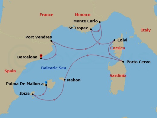 9 Night - Spanish Shores & Beyond - Emerald Sakara - Starting in Palma De Mallorca, Spain, Ibiza, Spain, Mahon, Menorca, Spain, Porto Cervo, Italy, Calvi, France, Saint-Tropez, France, Monte Carlo, Monaco, Port Vendres, France, Barcelona, Spain itinerary map