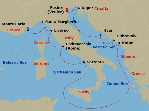 Azamara Onward - 11 Night - Best of the Mediterranean Cruise : Portofino, Florence & Kotor - Azamara Onward - Starting in Monte Carlo, Portofino (Santa Margherita), Florence /.. itinerary map