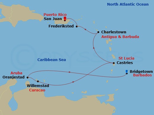 Azamara Journey - 8 Night - New Year's Eve Cruise : Aruba, Saint Lucia & Saint Croix - Azamara Journey - Starting in Bridgetown, Oranjestad, Willemstad AN, Castries, Charlestow.. itinerary map