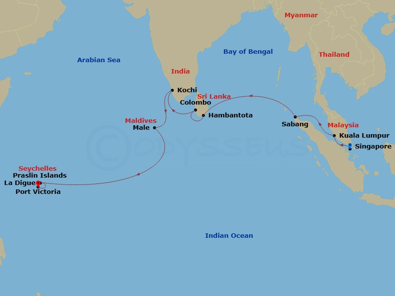 Azamara Onward - 16 Night - India, Maldives & Seychelles Cruise : Cochin, Male & Praslin Island - Azamara Onward - Starting in Singapore, Kuala Lumpur, Sabang, Hambantota, Col.. itinerary map