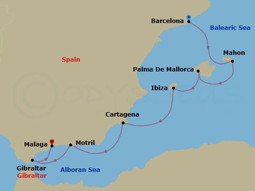 7 Night - Cruise from Barcelona to Malaga - SeaDream I - Starting in Barcelona, Mahon, Menorca, Balearic Islands, Palma de Mallorca, Balearic Islands, Ibiza, Balearic Islands, Cartagena ES, Motril, Gibraltar, Malaga itinerary map