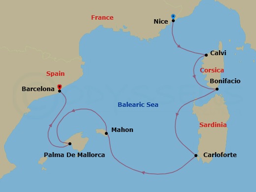 7 Night - Cruise from Nice to Barcelona - SeaDream I - Starting in Nice, Calvi, Corsica, Bonifacio, Corsica, Carloforte, Sardinia, Sailing the Balearic Sea, Mahon, Menorca, Balearic Islands, Palma de Mallorca, Balearic Islands, Barcelona itinerary map