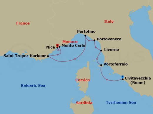 7 Night - Cruise from Rome (Civitavecchia) to Nice - SeaDream I - Starting in Rome (Civitavecchia), Portoferraio, Elba, Livorno (Florence), Porto Venere (Cinque Terre), Portofino, St Tropez, Monte Carlo, Nice itinerary map