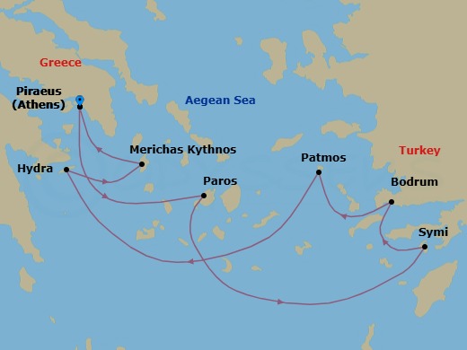 7 Night - Cruise Roundtrip from Athens (Piraeus) - SeaDream I - Starting in Athens (Piraeus), Parikia, Paros, Symi, Bodrum, Patmos, Hydra, Kythnos, Athens (Piraeus) itinerary map