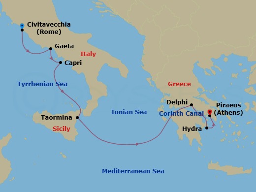 7 Night - Cruise from Rome (Civitavecchia) to Athens (Piraeus) - SeaDream I - Starting in Rome (Civitavecchia), Gaeta, Capri, Taormina (Mount Etna) Sicily, Sailing the Ionian Sea, Galaxidi (Delphi), Corinth Canal Transit, Hydra, Athens (Piraeus) itinerary map