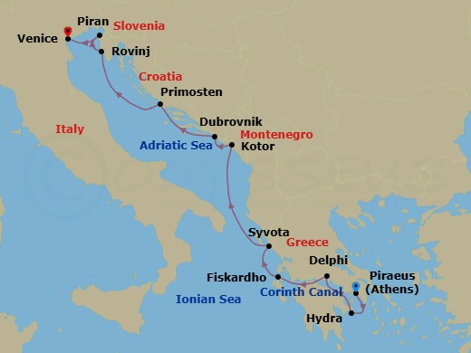 11 Night - Cruise from Athens (Piraeus) to Venice - SeaDream I - Starting in Athens (Piraeus), Hydra, Corinth Canal Transit, Galaxidi (Delphi), Fiskardo, Cephalonia, Syvota, Sailing the Adriatic Sea, Kotor, Dubrovnik, Croatia, Primosten, Rovinj, Piran, Venice itinerary map