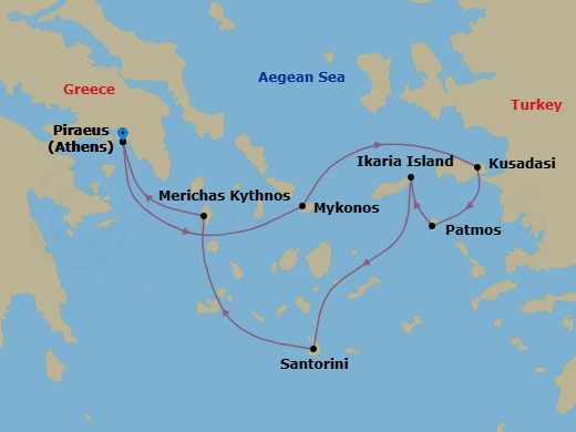 7 Night - Cruise Roundtrip from Athens (Piraeus) - SeaDream I - Starting in Athens (Piraeus), Mykonos, Kusadasi (Ephesus), Patmos, Ikaria, Santorini, Kythnos, Athens (Piraeus) itinerary map