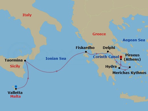 7 Night - Cruise from Valletta to Athens (Piraeus) - SeaDream I - Starting in Valletta, Taormina (Mount Etna) Sicily, Sailing the Ionian Sea, Fiskardo, Cephalonia, Galaxidi (Delphi), Corinth Canal Transit, Kythnos, Hydra, Athens (Piraeus) itinerary map