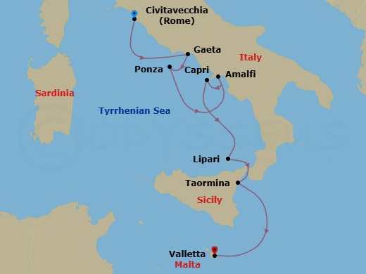 7 Night - Cruise from Rome (Civitavecchia) to Valletta - SeaDream I - Starting in Rome (Civitavecchia), Gaeta, Ponza, Amalfi, Capri, Lipari, Aeolian Islands, Taormina (Mount Etna) Sicily, Valletta itinerary map