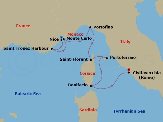 7 Night - Cruise from Nice to Rome (Civitavecchia) - SeaDream I - Starting in Nice, St Tropez, Monte Carlo, Portofino, Saint-Florent, Corsica, Portoferraio, Elba, Bonifacio, Corsica, Rome (Civitavecchia) itinerary map