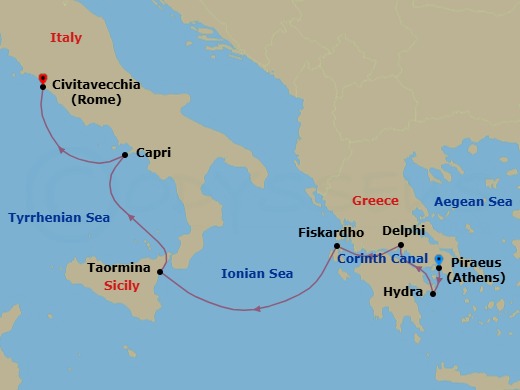 7 Night - Cruise from Athens (Piraeus) to Rome (Civitavecchia) - SeaDream I - Starting in Athens (Piraeus), Hydra, Corinth Canal Transit, Galaxidi (Delphi), Fiskardo, Cephalonia, Sailing the Ionian Sea, Taormina (Mount Etna) Sicily, Capri, Rome (Civitavecchia) itinerary map