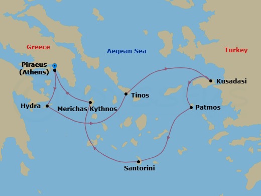 7 Night - Cruise Roundtrip from Athens (Piraeus) - SeaDream I - Starting in Athens (Piraeus), Hydra, Tinos, Kusadasi (Ephesus), Patmos, Santorini, Kythnos, Athens (Piraeus) itinerary map