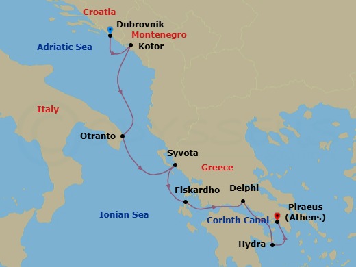7 Night - Cruise from Dubrovnik to Athens (Piraeus) - SeaDream I - Starting in Dubrovnik, Croatia, Kotor, Otranto, Syvota, Fiskardo, Cephalonia, Galaxidi (Delphi), Corinth Canal Transit, Hydra, Athens (Piraeus) itinerary map