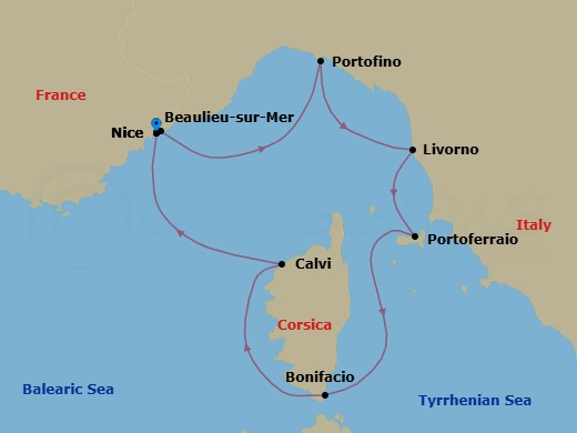 7 Night - Cruise Roundtrip from Nice - SeaDream I - Starting in Nice, Beaulieu-sur-Mer, Portofino, Livorno (Florence), Portoferraio, Elba, Bonifacio, Corsica, Calvi, Corsica, Nice itinerary map