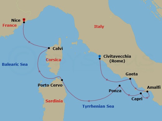 7 Night - Cruise from Rome (Civitavecchia) to Nice - SeaDream I - Starting in Rome (Civitavecchia), Gaeta, Amalfi, Capri, Ponza, Porto Cervo, Sardinia, Calvi, Corsica, Nice itinerary map