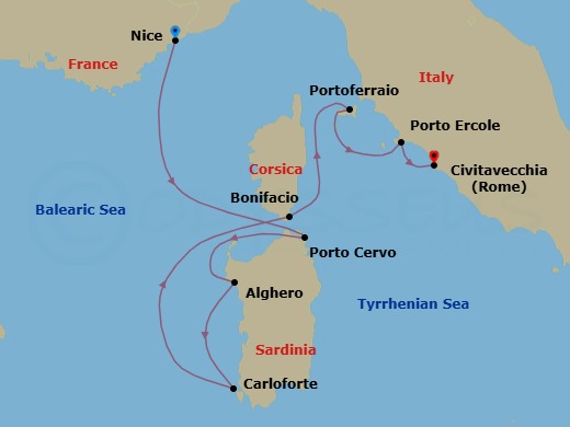 7 Night - Cruise from Nice to Rome (Civitavecchia) - SeaDream I - Starting in Nice, Porto Cervo, Sardinia, Alghero, Sardinia, Carloforte, Sardinia, Bonifacio, Corsica, Portoferraio, Elba, Porto Ercole, Rome (Civitavecchia) itinerary map