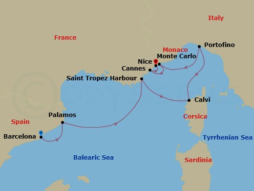 7 Night - Cruise from Barcelona to Nice - SeaDream I - Starting in Barcelona, Palamos, St Tropez, Calvi, Corsica, Portofino, Monte Carlo, Cannes, Nice itinerary map