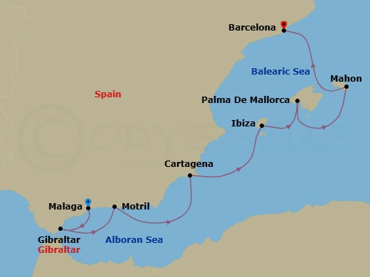 7 Night - Cruise from Malaga to Barcelona - SeaDream I - Starting in Malaga, Gibraltar, Motril, Cartagena ES, Ibiza, Balearic Islands, Palma de Mallorca, Balearic Islands, Mahon, Menorca, Balearic Islands, Barcelona itinerary map