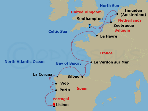 14 Night - Tower of London & Garden of England Pre Cruisetour - Norwegian Star Tours - Starting in At Hotel, London (Southampton), United Kingdom, Zeebrugge / Brussels / Brugge, Belgium, Amsterdam / Ijmuiden, Netherlands, Le Havre / Paris, France, Le Verdon Bordeaux, France, Bilbao, La Coruna, Spain, Vigo, Spain, Oporto, Portugal, Lisbon, Portugal itinerary map
