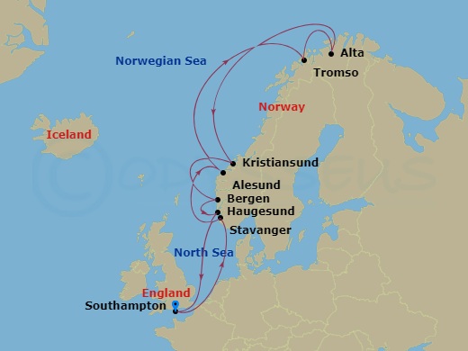 NCL Norwegian Star - 12 Night - Europe - Norwegian Fjords - NCL Norwegian Star - Starting in London (Southampton), United Kingdom, Stavanger, Norway, Alesund, Norway, Tromso, Norw.. itinerary map