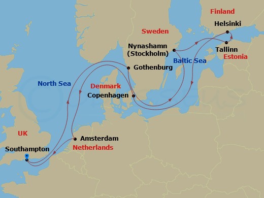 NCL Norwegian Star - 12 Night - Europe - Baltic - NCL Norwegian Star - Starting in London (Southampton), United Kingdom, Gothenburg, Sweden, Nynashamn / Stockholm, Sweden, Tallinn.. itinerary map