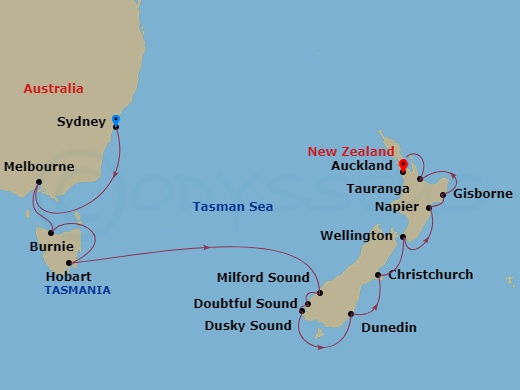 Seven Seas Navigator - 14 Night - Harbors, Sounds & Sails - Seven Seas Navigator - Starting in Sydney AU, Cruising the Bass Strait, Melbourne, Burnie, Hobart (Tasmania), Cruising th.. itinerary map