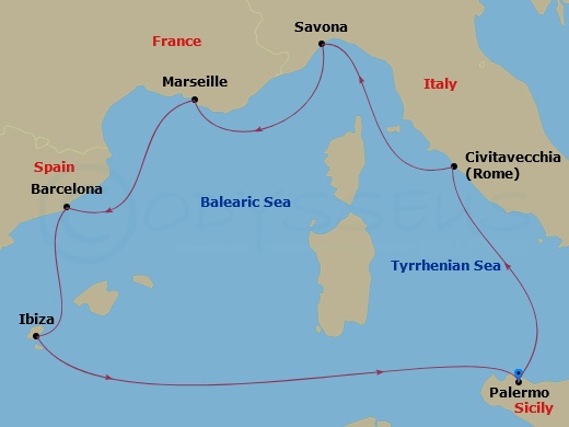 Costa Smeralda - 7 Night - Western Mediterranean Roundtrip from Palermo - Costa Smeralda - Starting in Palermo, Civitavecchia, Savona, Marseille, Barcelona, Ibiza, Palermo itinerary map