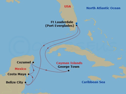 7 Night - Grand Cayman, Belize & Mexico - Celebrity Xcel - Starting in Fort Lauderdale, Florida, Belize City, Belize, Puerto Costa Maya, Mexico, Cozumel, Mexico, George Town, Grand Cayman, Fort Lauderdale, Florida itinerary map