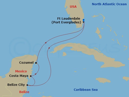 Celebrity Xcel - 7 Night - Mexico & Belize Holiday Cruise - Celebrity Xcel - Starting in Fort Lauderdale, Florida, Belize City, Belize, Puerto Costa Maya, Mexico, Cozumel, Mex.. itinerary map