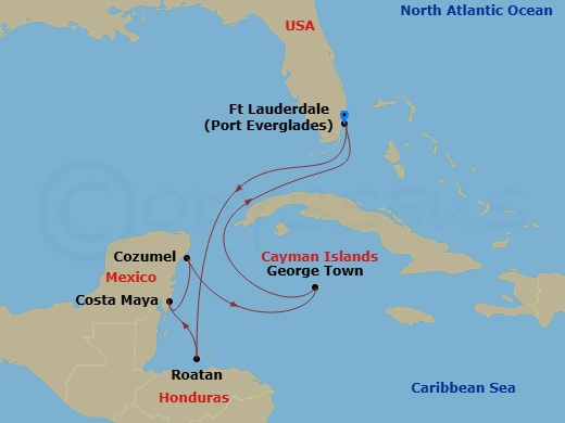 7 Night - Grand Cayman, Honduras & Mexico - Celebrity Xcel - Starting in Fort Lauderdale, Florida, Roatan, Honduras, Puerto Costa Maya, Mexico, Cozumel, Mexico, George Town, Grand Cayman, Fort Lauderdale, Florida itinerary map
