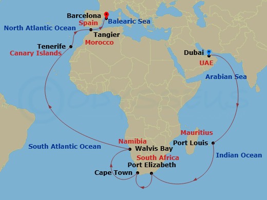 Costa Smeralda - 33 Night - Transatlantic from Dubai (Emirates) - Costa Smeralda - Starting in Dubai (Dubai Harbor), Port Louis, Mauritius, Port Elizabeth ZA, South Africa, Ca.. itinerary map