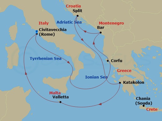 Enchanted Princess - 10 Night - Mediterranean with Italy & Croatia - Enchanted Princess - Starting in Civitavecchia (for Rome), Italy, Corfu, Greece, Montenegro, Split, Croatia, C.. itinerary map