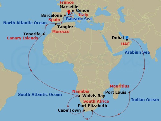 Costa Smeralda - 35 Night - Transatlantic from Dubai (Emirates) - Costa Smeralda - Starting in Dubai (Dubai Harbor), Port Louis, Mauritius, Port Elizabeth ZA, South Africa, Ca.. itinerary map