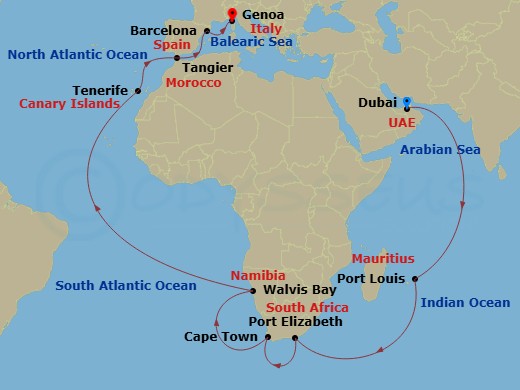 Costa Smeralda - 34 Night - Transatlantic from Dubai (Emirates) - Costa Smeralda - Starting in Dubai (Dubai Harbor), Port Louis, Mauritius, Port Elizabeth ZA, South Africa, Ca.. itinerary map