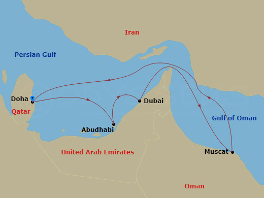 Costa Smeralda - 7 Night - Emirates from Doha (Qatar) - Costa Smeralda - Starting in Doha, Qatar, Abu Dhabi (Emirates), Dubai (Dubai Harbor), Muscat, Doha, Qatar itinerary map