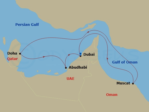 Costa Smeralda - 7 Night - Emirates from Dubai (Emirates) - Costa Smeralda - Starting in Dubai (Dubai Harbor), Muscat, Doha, Qatar, Abu Dhabi (Emirates), Dubai (Dubai Harbor) itinerary map