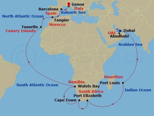 Costa Smeralda - 35 Night - Transatlantic from Abu Dhabi (Emirates) - Costa Smeralda - Starting in Abu Dhabi (Emirates), Dubai (Dubai Harbor), Port Louis, Mauritius, Port Eliz.. itinerary map