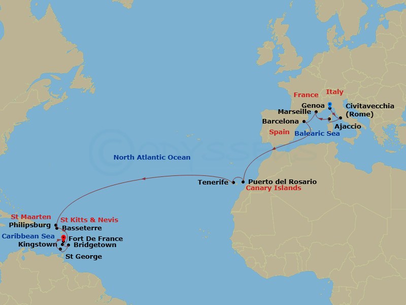 MSC Seaview - 21 Night - Msc Grand Voyages - MSC Seaview - Starting in Genoa (Portofino), Italy, Civitavecchia (Rome), Italy, Ajaccio (Corsica), France, Marseille (Provence.. itinerary map