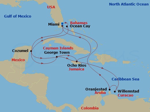 MSC Divina - 17 Night - Caribbean and Antilles - MSC Divina - Starting in Miami, Florida, Cozumel, Mexico, George Town, Cayman Islands, Ocho Rios, Jamaica, Willemstad AN,.. itinerary map