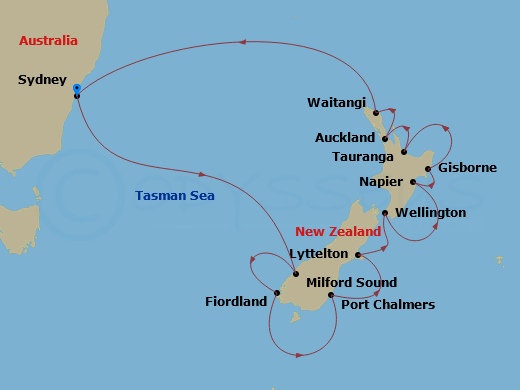 HAL Noordam - 14 Night - New Zealand Discovery - HAL Noordam - Starting in Sydney AU, Milford Sound, New Zealand, Cruising Fiordland Natl Park, Port Chalmers (Dunedin), New.. itinerary map