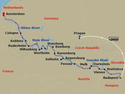 Emerald Sun - 17 Night - Prague & Christmas Markets of Europe - Emerald Sun - Starting in Prague, Prague / Budapest, Budapest, Bratislava, Vienna, Durnstein / Melk, Passau,.. itinerary map
