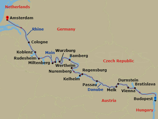 Emerald Sun - 14 Night - Christmas Markets of Europe - Emerald Sun - Starting in Budapest, Bratislava, Vienna, Durnstein / Melk, Passau, Regensburg / Kelheim, Nuremberg, Ba.. itinerary map