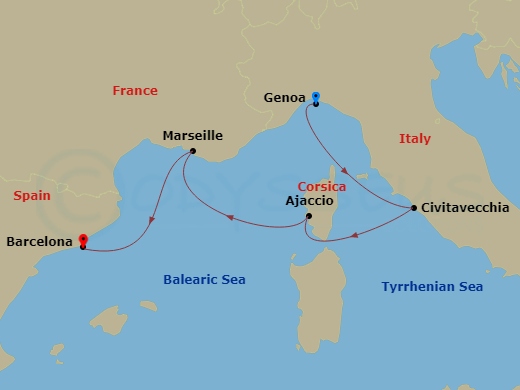 4 Night - Msc Grand Voyages - MSC Seaview - Starting in Genoa (Portofino), Italy, Civitavecchia (Rome), Italy, Ajaccio (Corsica), France, Marseille (Provence), France, Barcelona, Spain itinerary map