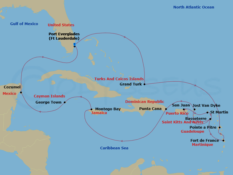 17 Night - The Americas & Caribbean - Crystal Serenity - Starting in Fort Lauderdale, Grand Turk, Pointe-a-Pitre, French West Indies, Fort-de-France, St Kitts (Basseterre), San Juan, Marigot, St Martin, St Kitts (Basseterre), Jost Van Dyke, British Virgin Islands, Punta Cana, Montego Bay, George Town (Grand Cayman), Cozumel, Quintana Roo, Fort Lauderdale itinerary map